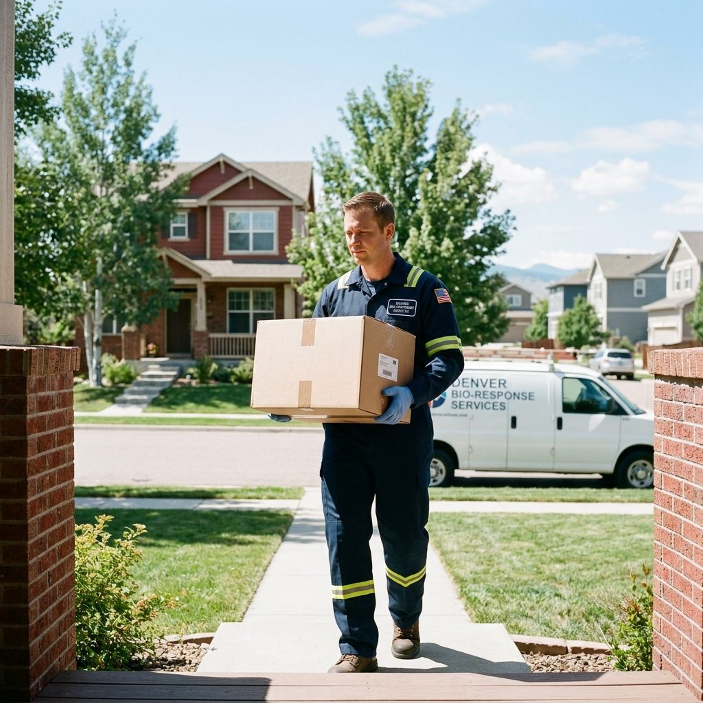 Professional cleanup technician removing a sealed box from a Denver home