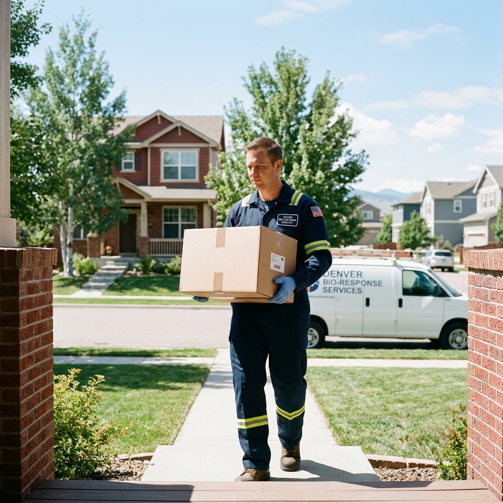 Professional cleanup technician removing a sealed box from a Denver home